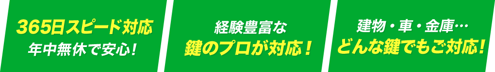 365日スピード対応年中無休で安心!経験豊富な鍵のプロが対応!建物・車・金庫…どんな鍵でもご対応!